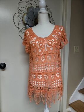 Crochet Fringe Tunic Top - Vibrant Orange